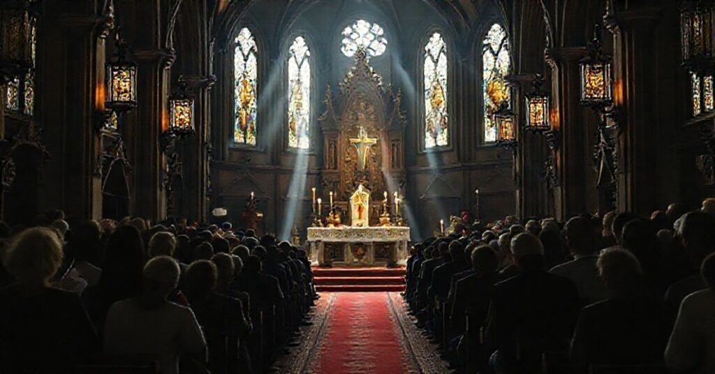 Ciągle modlitwa w tradycyjnej katolickiej kaplicy z chórem śpiewającym gregoriański chorał.