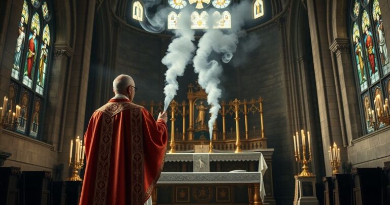 Realistyczne zdjęcie katolickiego kapłana podczas liturgii z kadzidłem w tradycyjnej świątyni, ukazujące powagę i duchowość obrzędu
