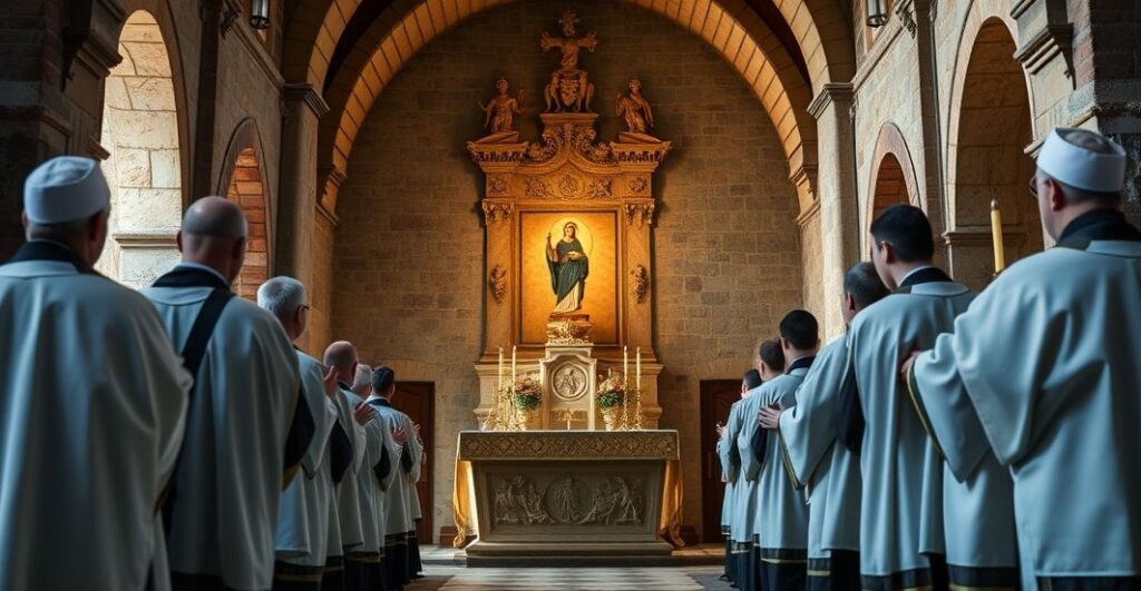 Realistyczne, pełne szacunku zdjęcie ukazujące tradycyjną katolicką liturgię w kaplicy, z duchownymi w strojach liturgicznych i Eucharystią, ukazujące powagę i kontrowersje wobec modernistycznych praktyk