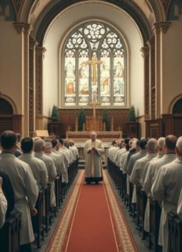 Tradycyjna katolicka liturgia w kościele Obraz przedstawiający katolicką liturgię w tradycyjnym kościele, ukazujący duchową powagę i wierność doktrynie.