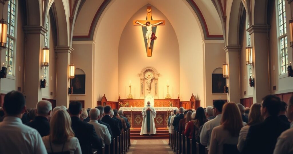 Tradycyjna katolicka liturgia w kościele, kapłan podczas Mszy, krzyż na ołtarzu, wierni modlący się, atmosferę skupienia i pobożności