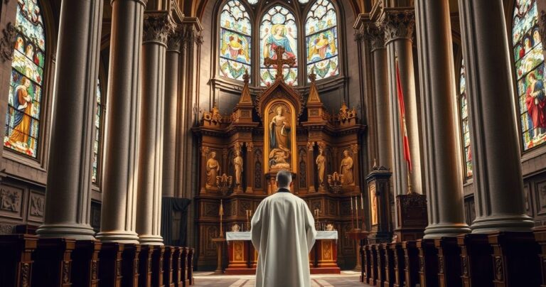 Zdjęcie realistycznej, pełnej powagi sceny w tradycyjnej katolickiej świątyni z kapłanem przed ołtarzem, wyrażające głęboki szacunek i wierność tradycji, ukazujące krytykę modernistycznych tendencji w Kościele