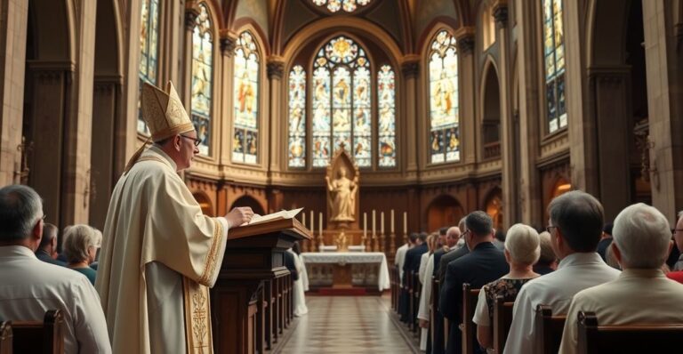 Obraz realistycznego katolickiego kapłana w liturgicznym stroju w sanktuarium z wiernymi, symbolizujący prawdziwą, niezmienną wiarę i autorytet papieża, z naciskiem na tradycyjne wartości katolickie