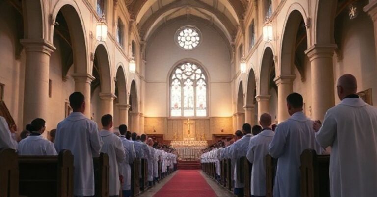 Fotografia realistyczna przedstawiająca katolicką liturgię w tradycyjnym kościele, ukazująca duchową powagę i oddanie, krytycznie ukazującą odchodzenie od duchowości na rzecz materializmu i secularizacji