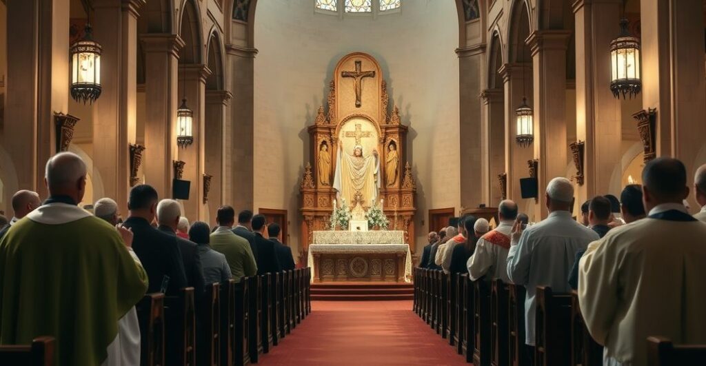Konserwatywne, realistyczne zdjęcie tradycyjnej katolickiej liturgii w kościele, podkreślające sakrament Eucharystii i powagę Mszy Świętej
