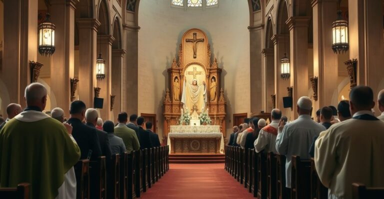 Konserwatywne, realistyczne zdjęcie tradycyjnej katolickiej liturgii w kościele, podkreślające sakrament Eucharystii i powagę Mszy Świętej