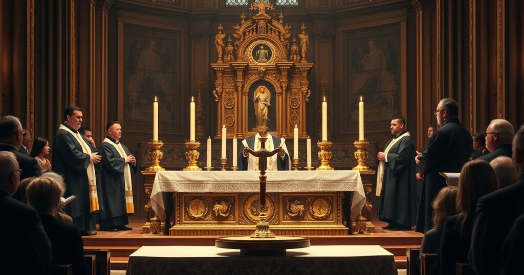 Fotografia realistyczna ukazująca katolicką liturgię z tradycyjnym ołtarzem i wiernymi, symbolizującą wierność wierze katolickiej wobec rewolucji modernistycznej.