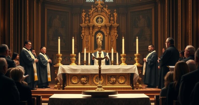 Fotografia realistyczna ukazująca katolicką liturgię z tradycyjnym ołtarzem i wiernymi, symbolizującą wierność wierze katolickiej wobec rewolucji modernistycznej.