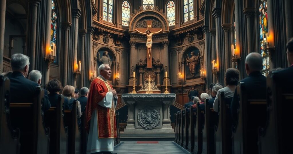 Szczegółowe zdjęcie tradycyjnej katolickiej liturgii w kościele, z kapłanem odprawiającym Mszę św. w starej szacie liturgicznej, w otoczeniu wiernych w modlitewnej atmosferze