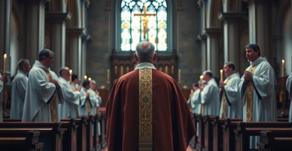 Szczególne zdjęcie kościoła katolickiego z kapłanem w tradycyjnych szatach, koncentrujące się na krytyce modernistycznej reform liturgicznych
