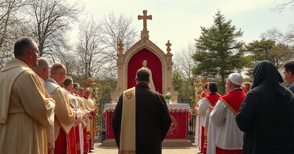 Rewersyjne katolickie zdjęcie ukazujące powagę i tradycyjną liturgię podczas uroczystości, z krytycznym akcentem wobec modernistycznej propagandy i kontrowersji wokół kanonizacji