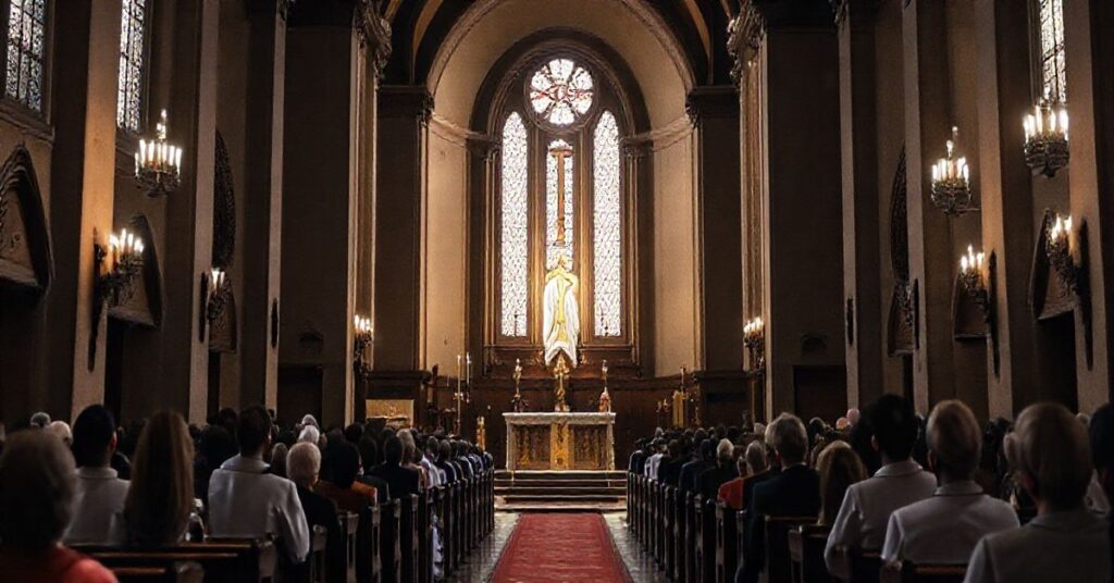Fotografia realistyczna ukazująca katolicką liturgię w tradycyjnym kościele, symbolizującą duchową walkę i krytykę nowoczesnych herezji w Kościele