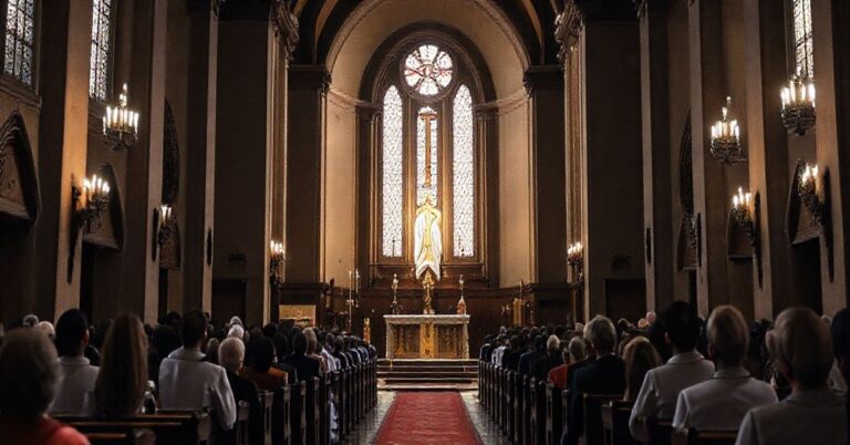 Fotografia realistyczna ukazująca katolicką liturgię w tradycyjnym kościele, symbolizującą duchową walkę i krytykę nowoczesnych herezji w Kościele