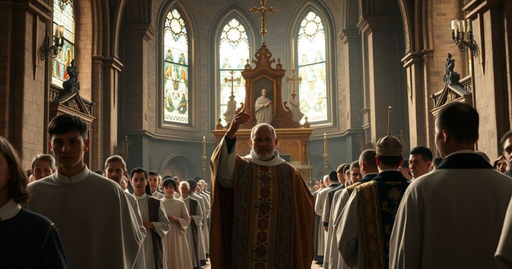 Scena kościelna z wiernymi modlącymi się przed Eucharystią podczas tradycyjnego nabożeństwa katolickiego, ukazująca głęboką pobożność i oddanie.