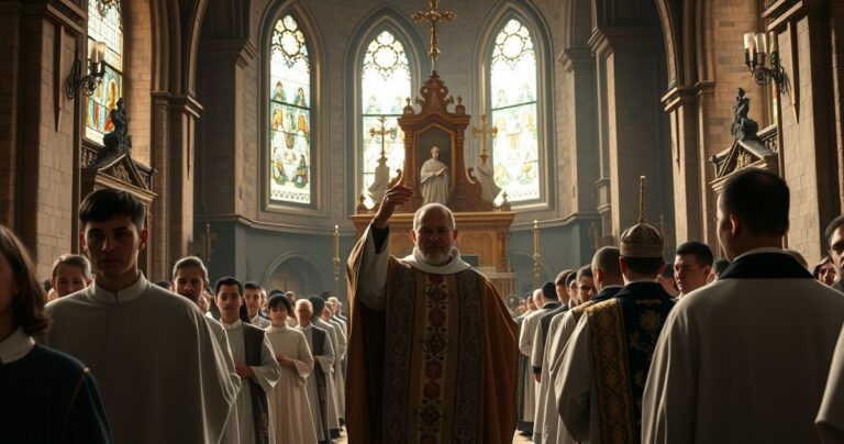 Scena kościelna z wiernymi modlącymi się przed Eucharystią podczas tradycyjnego nabożeństwa katolickiego, ukazująca głęboką pobożność i oddanie.