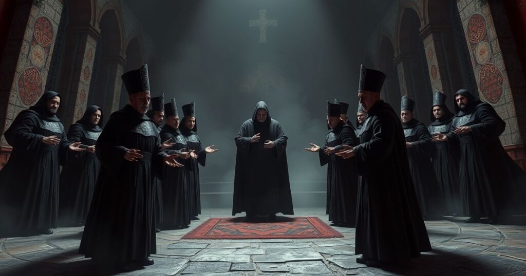 Religijna scena w tradycyjnym kościele katolickim z kapłanem w starych szatach i wiernymi podczas Eucharystii, ukazująca głęboką duchową refleksję i wierność naukom Kościoła