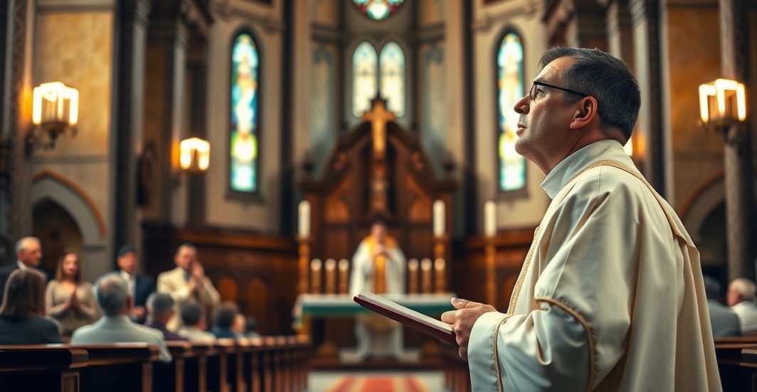 Tradycyjna liturgia katolicka w kościele podczas mszy Słynna katolicka liturgia w tradycyjnym kościele, kapłan w vestamentach podczas mszy, ukazująca powagę i wierność doktrynie Kościoła Katolickiego