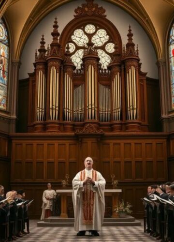 Tradycyjna liturgia katolicka i sakralna muzyka w kościele Fotografia realistycznego wnętrza katolickiej świątyni podczas liturgii, ukazująca tradycyjny chór i organ w duchu katolickiej pewności i szacunku dla sakralnej muzyki.