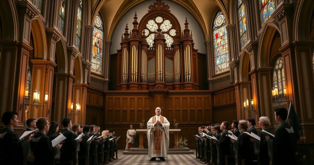 Fotografia realistycznego wnętrza katolickiej świątyni podczas liturgii, ukazująca tradycyjny chór i organ w duchu katolickiej pewności i szacunku dla sakralnej muzyki.