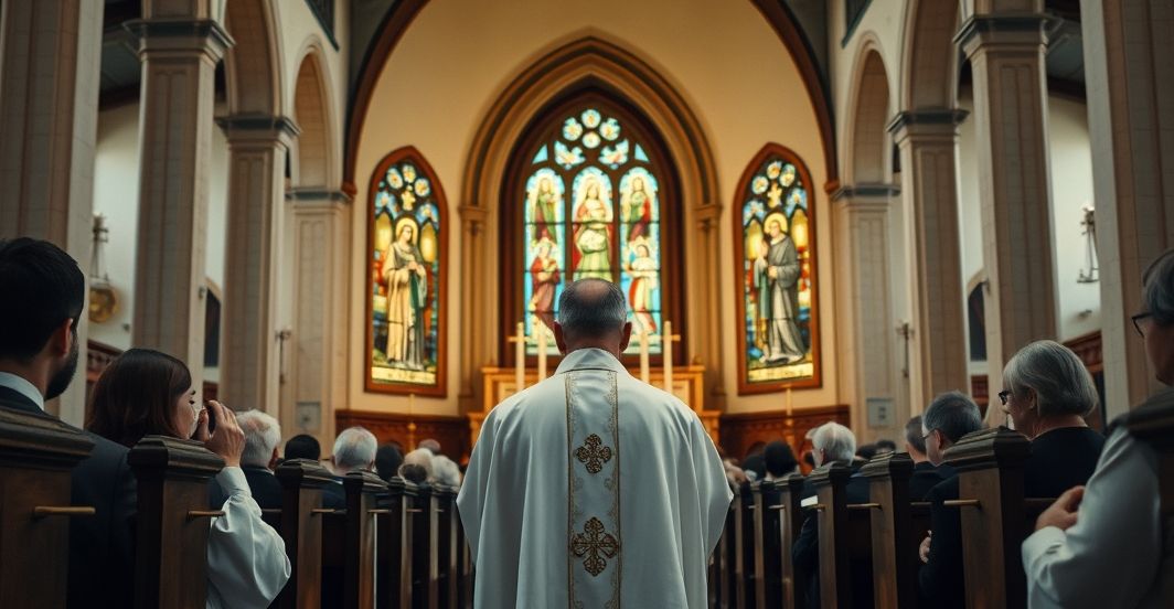 Obraz tradycyjnej katolickiej liturgii w duchu wiernej doktryny Rewersyjny obraz tradycyjnego katolickiego kościoła podczas Mszy, z kapłanem w vestmentach, podkreślający wierność i pobożność