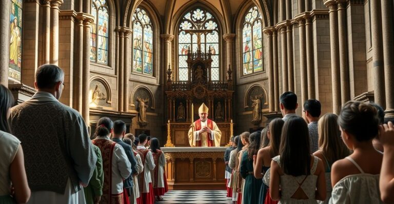 Scena liturgiczna w tradycyjnej katolickiej świątyni z młodymi wiernymi w modlitwie, podkreślająca wierność tradycji i odrzucenie modernistycznej rewolucji