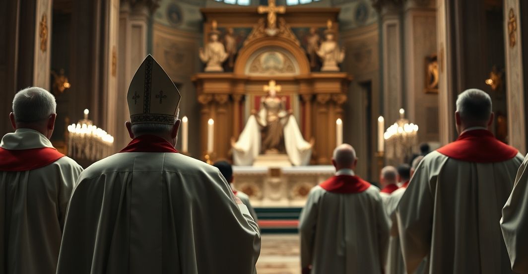 Uczciwy i poważny obraz katolickiego duchownego podczas liturgii w tradycyjnym stylu, ukazujący głęboką refleksję i wierność tradycji Kościoła.