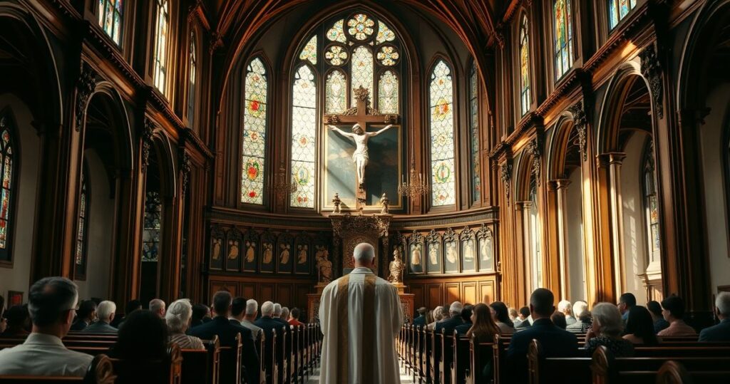 Rekolekcja w tradycyjnym kościele katolickim, kapłan odprawiający mszę w liturgii tradycyjnej, wierni w modlitwie, głęboki szacunek, prawdziwa wiara katolicka
