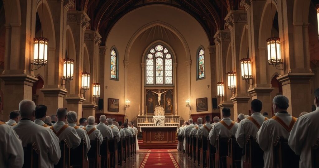 Ciemna, pełna skupienia scena liturgii w tradycyjnym kościele katolickim ukazująca wiernych i kapłanów w modlitwie.
