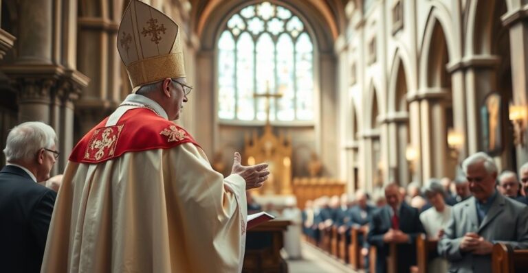Kardynał w tradycyjnym stroju liturgicznym odprawia nabożeństwo w katedrze, z seniorem w modlitewnym skupieniu, podkreślając autentyczną katolicką pobożność