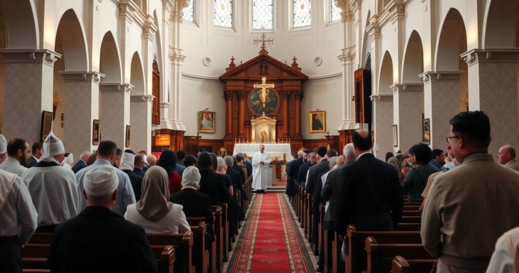 Obraz tradycyjnej katolickiej liturgii w kościele, ukazujący pobożnych wiernych i kapłanów w modlitwie, symbolizujący autentyczną wiarę i sprzeciw wobec modernistycznych nadużyć.