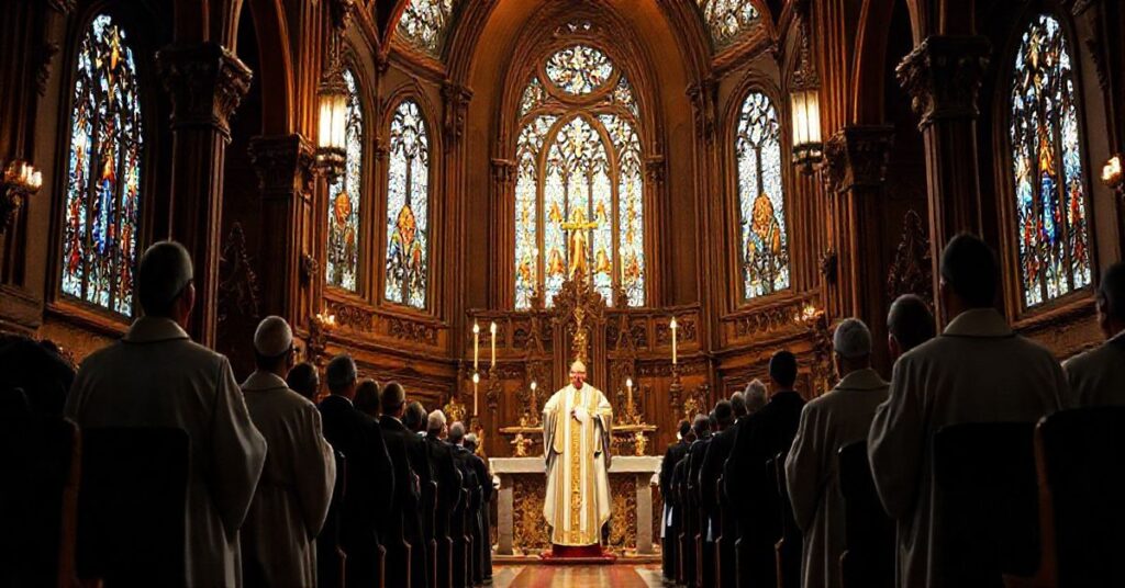 Realistyczne zdjęcie tradycyjnego katolickiego wnętrza kościoła z kapłanami w liturgicznych szatach, oddające powagę i duchowość, idealne na ilustrację bloga katolickiego odwołującego się do tradycyjnej wiary.