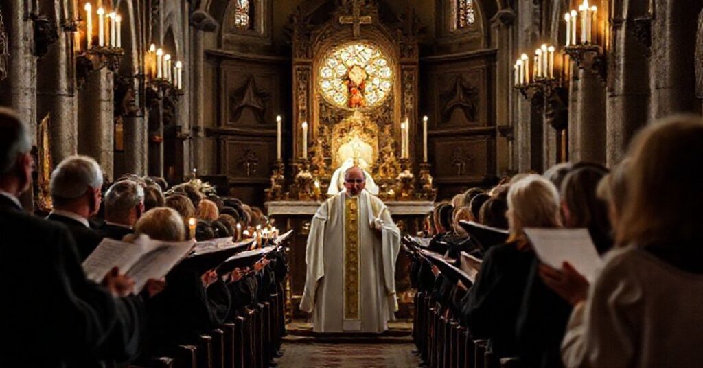 Tradycyjna msza św. z chórem śpiewającym gregoriański chorał w historycznym kościele, podkreślającą świętość liturgii i prawdziwy cel muzyki sakralnej.