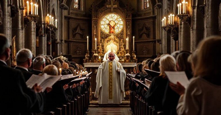Tradycyjna msza św. z chórem śpiewającym gregoriański chorał w historycznym kościele, podkreślającą świętość liturgii i prawdziwy cel muzyki sakralnej.