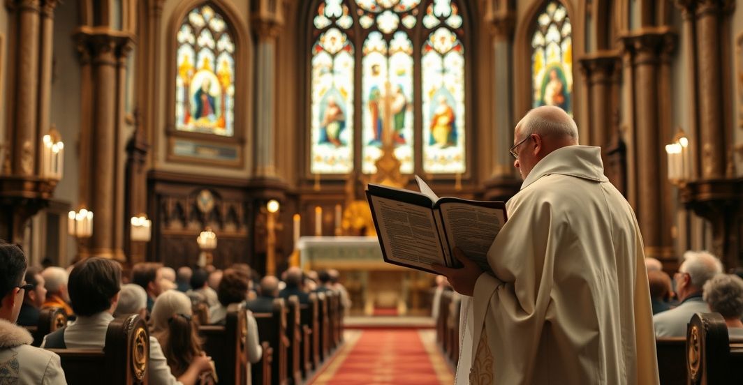 Reverentny katolicki ksiądz odprawia tradycyjną Mszę w starej świątyni, symbolizując sprzeciw wobec modernistycznych zmian liturgicznych