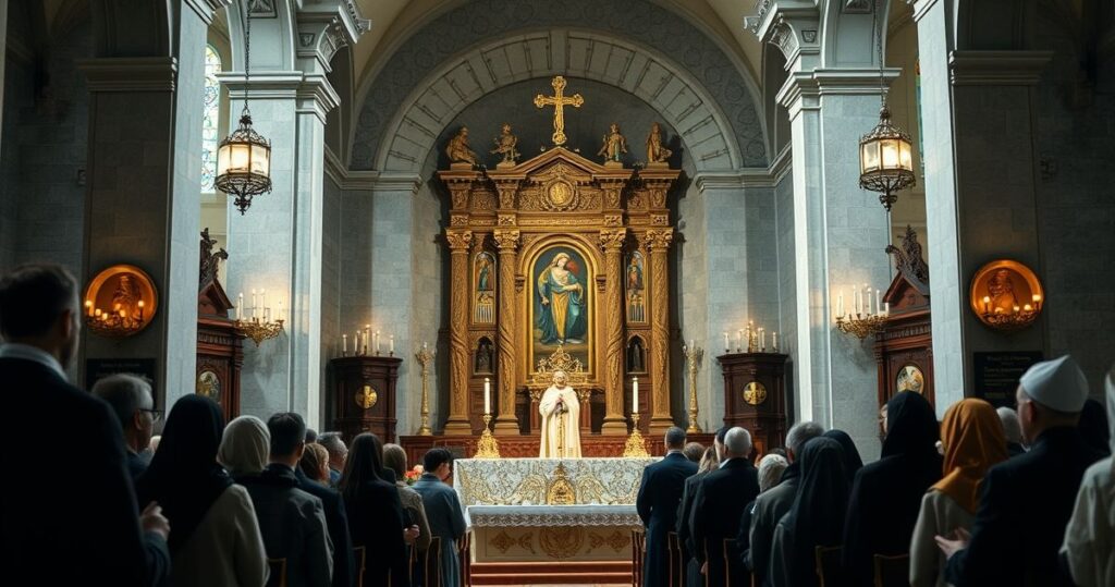 Fotografia realistyczna ukazująca tradycyjną liturgię katolicką w starej archikatedrze, z wiernymi w modlitewnym skupieniu, podkreślająca autentyczną katolicką pobożność i tradycję.
