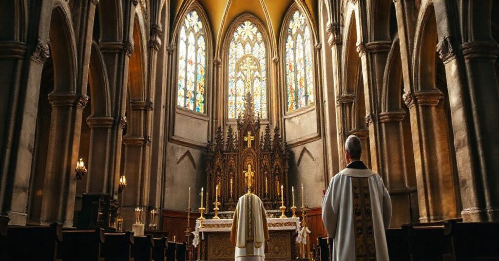 Zdjęcie realistyczne wnętrza tradycyjnego kościoła katolickiego podczas liturgii, z kapłanem przy ołtarzu, oddające powagę i czci wobec prawdziwej Eucharystii