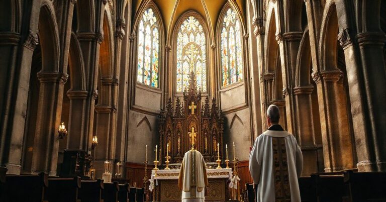 Zdjęcie realistyczne wnętrza tradycyjnego kościoła katolickiego podczas liturgii, z kapłanem przy ołtarzu, oddające powagę i czci wobec prawdziwej Eucharystii
