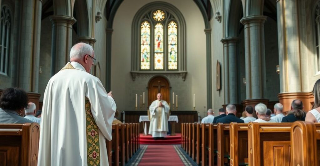 Reverentny katolicki kościół z kapłanem w tradycyjnych szatach podczas liturgii, podkreślający autentyczną, pełną szacunku celebrację sakramentu w duchu tradycji kościelnej