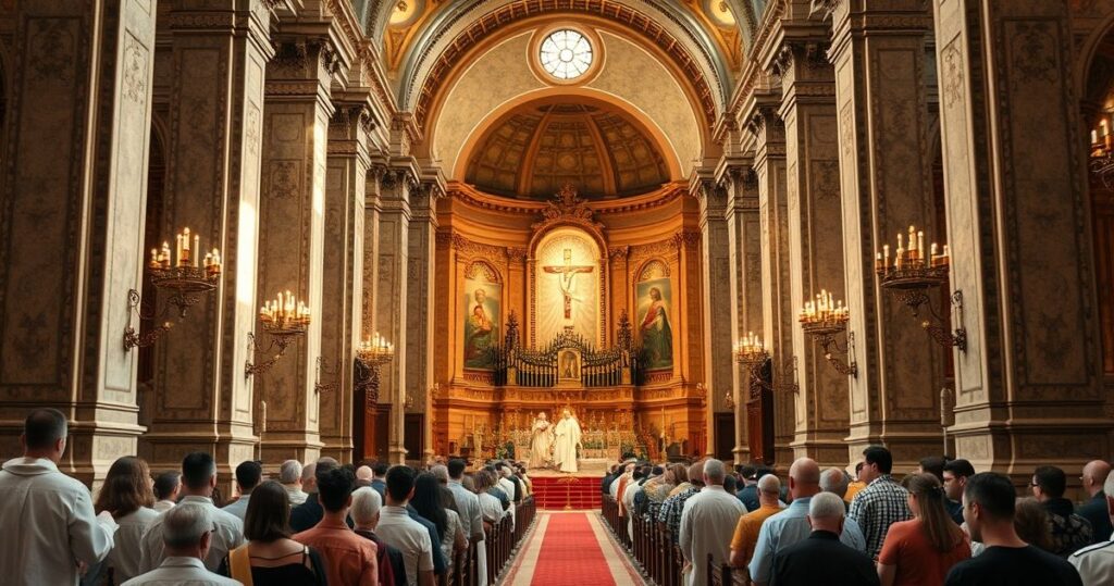 Fotografia realistyczna ukazująca tradycyjną katolicką liturgię w poważnym, pełnym szacunku otoczeniu kościoła, z duchownymi i wiernymi podczas uroczystej mszy