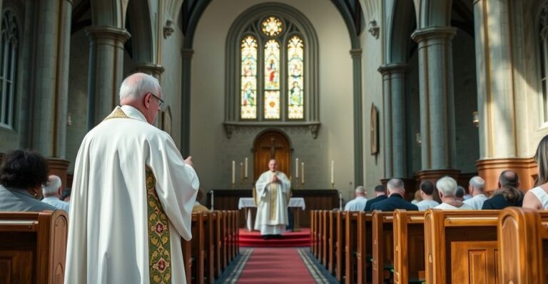 Reverentny katolicki kościół z kapłanem w tradycyjnych szatach podczas liturgii, podkreślający autentyczną, pełną szacunku celebrację sakramentu w duchu tradycji kościelnej