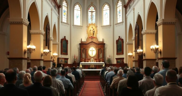 Fotografia realistyczna ukazująca tradycyjną katolicką liturgię w poważnym, pełnym szacunku otoczeniu kościoła, z duchownymi i wiernymi podczas uroczystej mszy