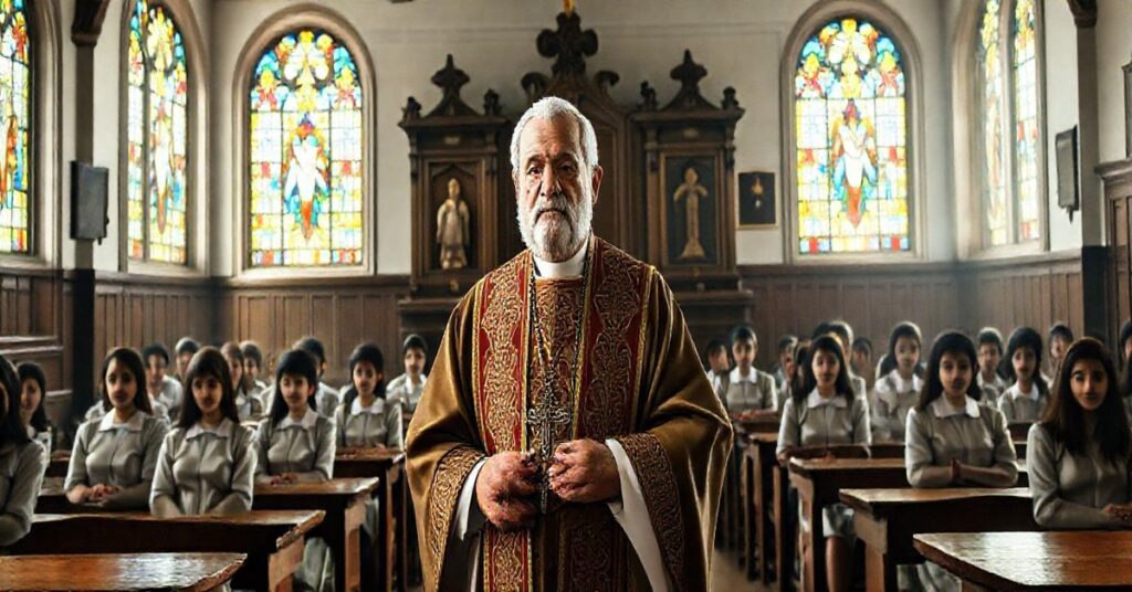 Zdjęcie realistyczne w tradycyjnym katolickim stylu, ukazujące liturgię w szkole katolickiej, z duchownym i uczniami w poważnej, sakralnej atmosferze, odzwierciedlającą krytykę nowoczesnych praktyk edukacyjnych