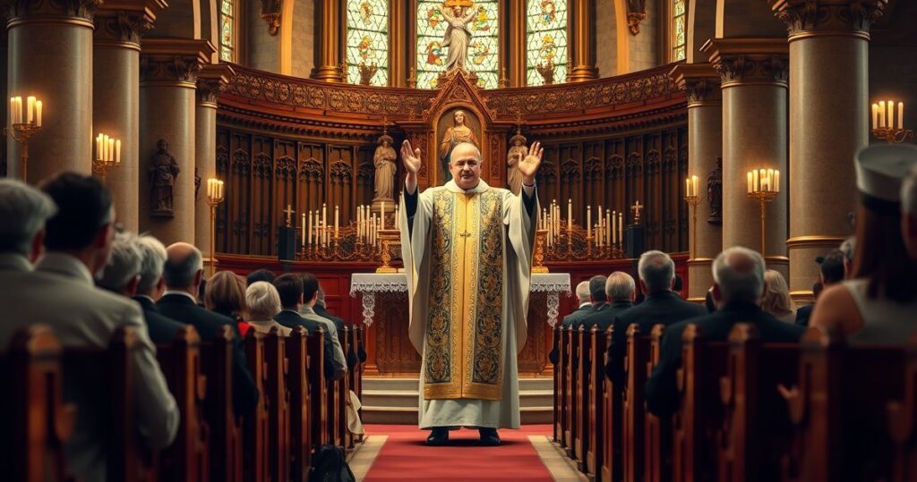 Religijny obraz katolickiego kapłana w czasie liturgii z wiernymi, podkreślający tradycję i sakramentalną powagę