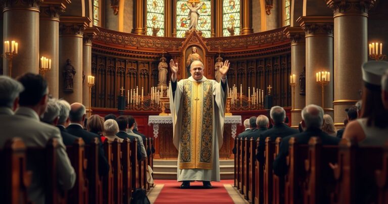 Religijny obraz katolickiego kapłana w czasie liturgii z wiernymi, podkreślający tradycję i sakramentalną powagę