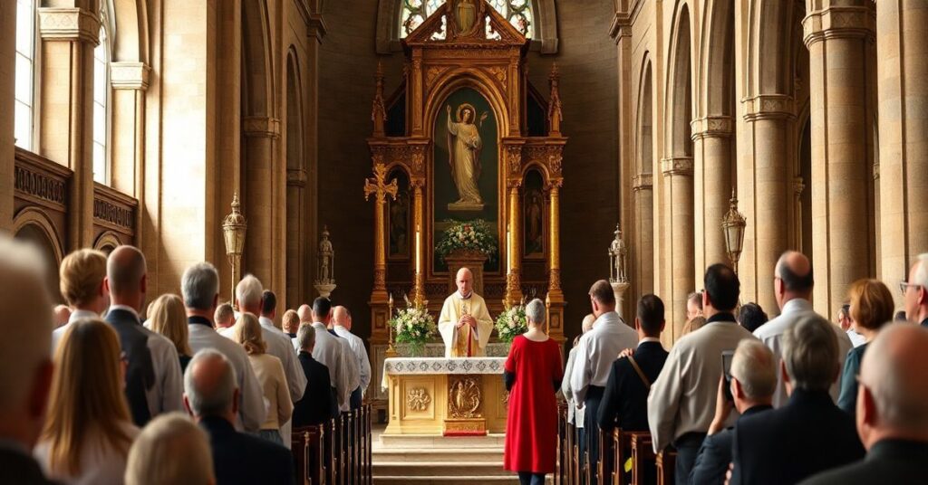 Realistyczny obraz tradycyjnej katolickiej liturgii w starym kościele, ukazujący kapłana w liturgii trydenckiej z wiernymi, podkreślający autentyczną wierność tradycji katolickiej bez modernistycznych elementów.