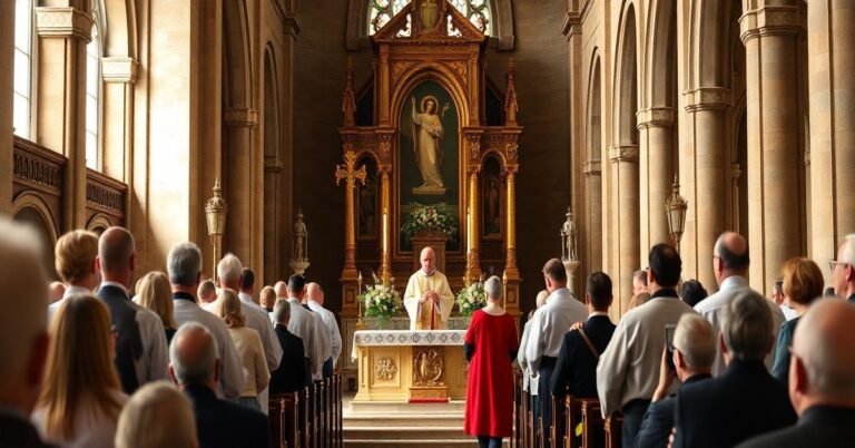 Realistyczny obraz tradycyjnej katolickiej liturgii w starym kościele, ukazujący kapłana w liturgii trydenckiej z wiernymi, podkreślający autentyczną wierność tradycji katolickiej bez modernistycznych elementów.