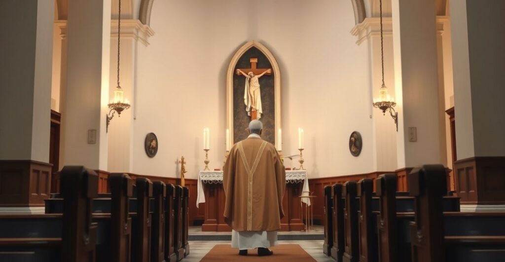 Fotografia realistyczna wnętrza kościoła katolickiego z kapłanem podczas liturgii, podkreślająca tradycyjną i poważną atmosferę religii katolickiej