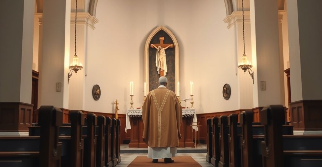 Tradycyjna liturgia katolicka w kościele z kapłanem Fotografia realistyczna wnętrza kościoła katolickiego z kapłanem podczas liturgii, podkreślająca tradycyjną i poważną atmosferę religii katolickiej