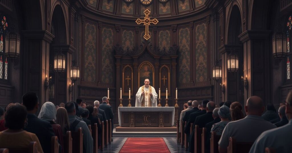 Tradycyjna katolicka scena w kościele z kapłanem podczas liturgii, wyrazem pobożności i szacunku dla sakramentu, ukazująca autentyczną, pełną szacunku atmosferę religijnej uroczystości