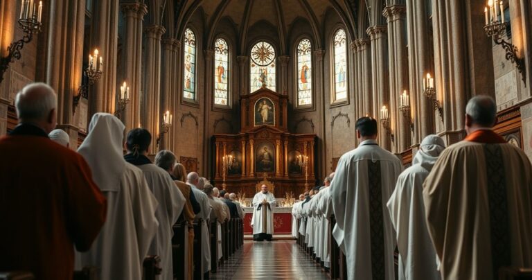 Rewersyjna scena kościelna ukazująca kapłanów w tradycyjnych szatach podczas liturgii, z atmosferą skupienia i powagi, odzwierciedlającą krytykę modernistycznych odchyleń od katolickiej doktryny.